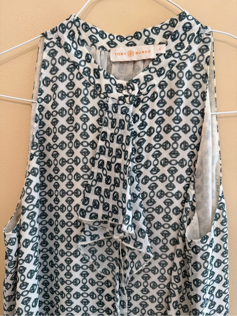 Tory Burch White and Navy Geometric Tie-Neck Sleeveless Top